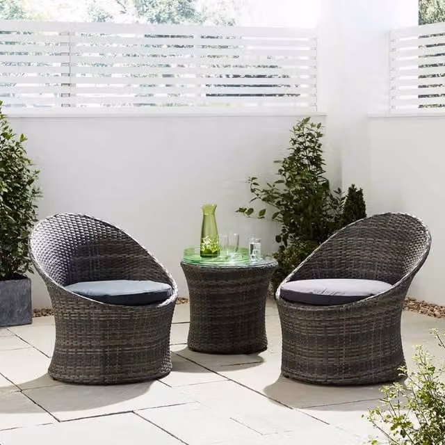 TrueShopping 3 Piece Grey Polyrattan Bistro Garden Egg Set with Round Glass Table