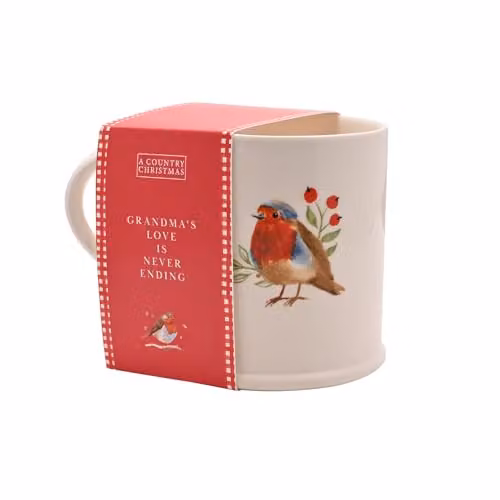 Widdop and Co Ceramic Robin Mug in Red and White with Floral Watercolour Illustration