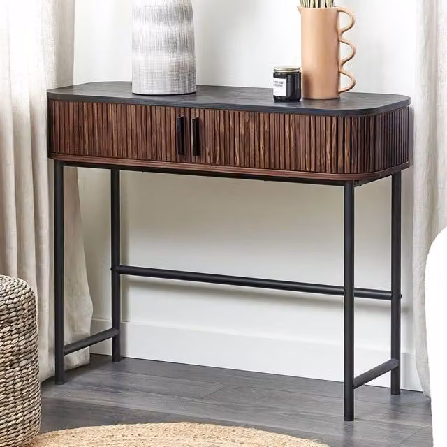 Wyld and Coco Retro Console Table in Brown with Sliding Doors, W/D/H: 100 x 35 x 82 cm – 1