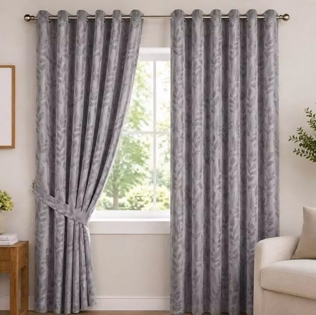 Luxury Living Silver Jacquard Leaf Ring Top Curtains, Fully Lined Silk Look, Width: 117 cm, Drop: 137 cm