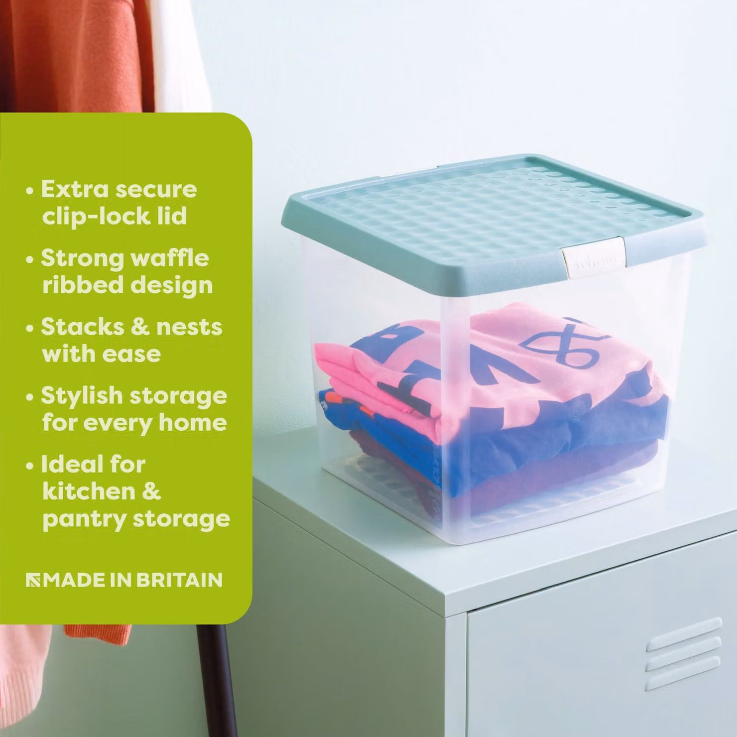 Wham Set of 3 Stackable 14L Square Plastic Storage Boxes with Clip Lock Lids in Green and Transparent – 1
