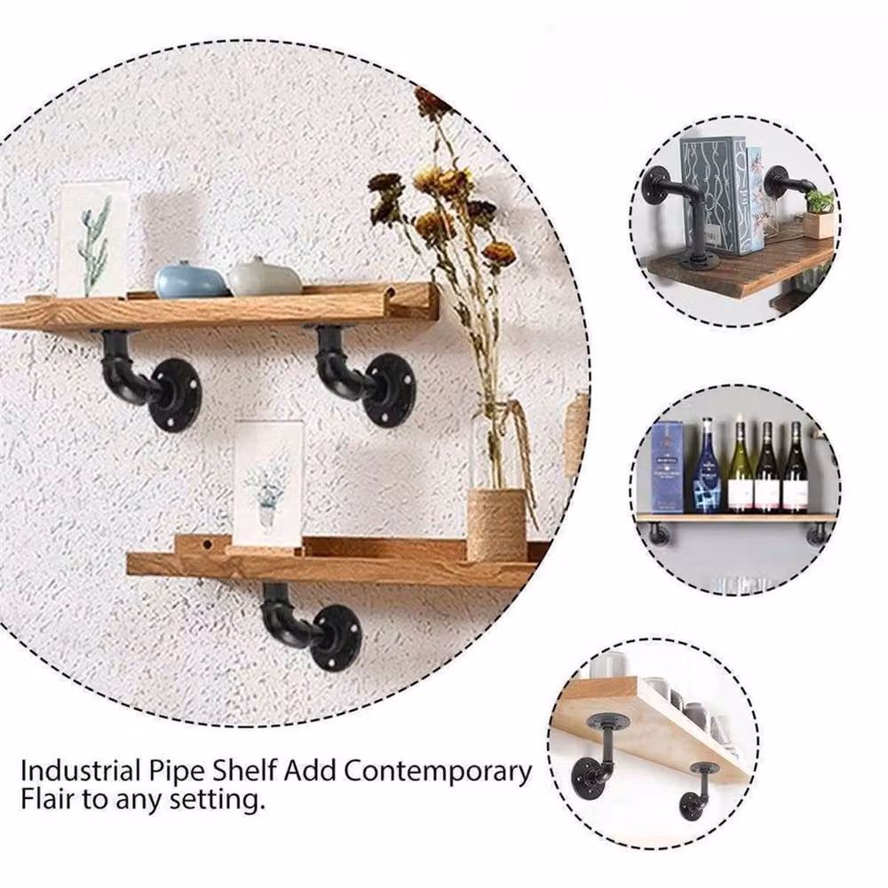 VOGREX 4-Piece Industrial Rustic Floating Shelf Pipe Storage Kit in Matt Black Metal – 4
