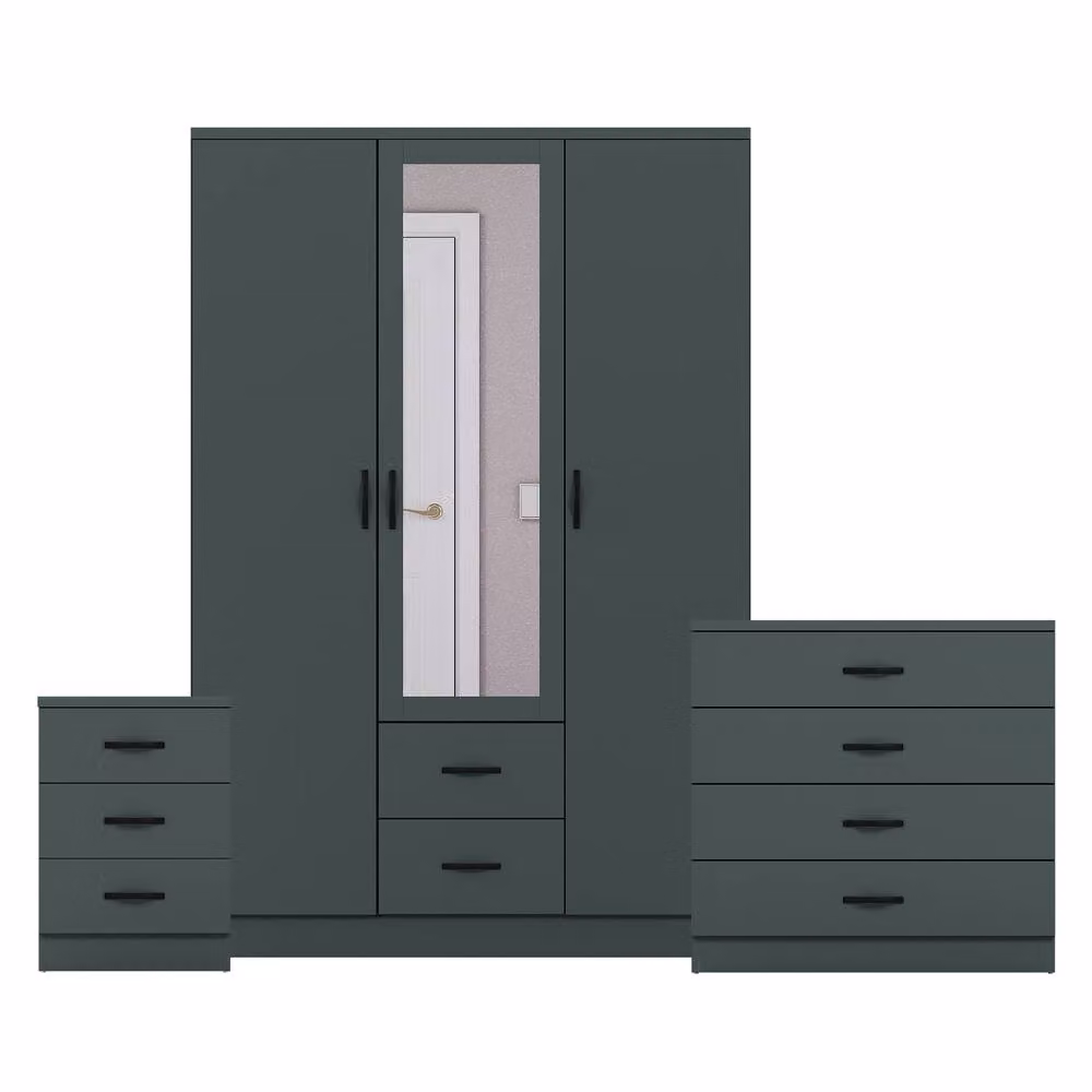Vida Designs 3-Piece Modern Bedroom Set in Green, including 3 Bedside Tables, 4-Drawer Chest and Mirror Wardrobe – 2