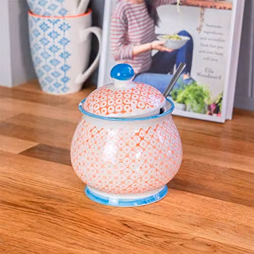 Nicola Spring Geometric Patterned Porcelain Sugar Bowl with Lid in Orange or Blue – 2