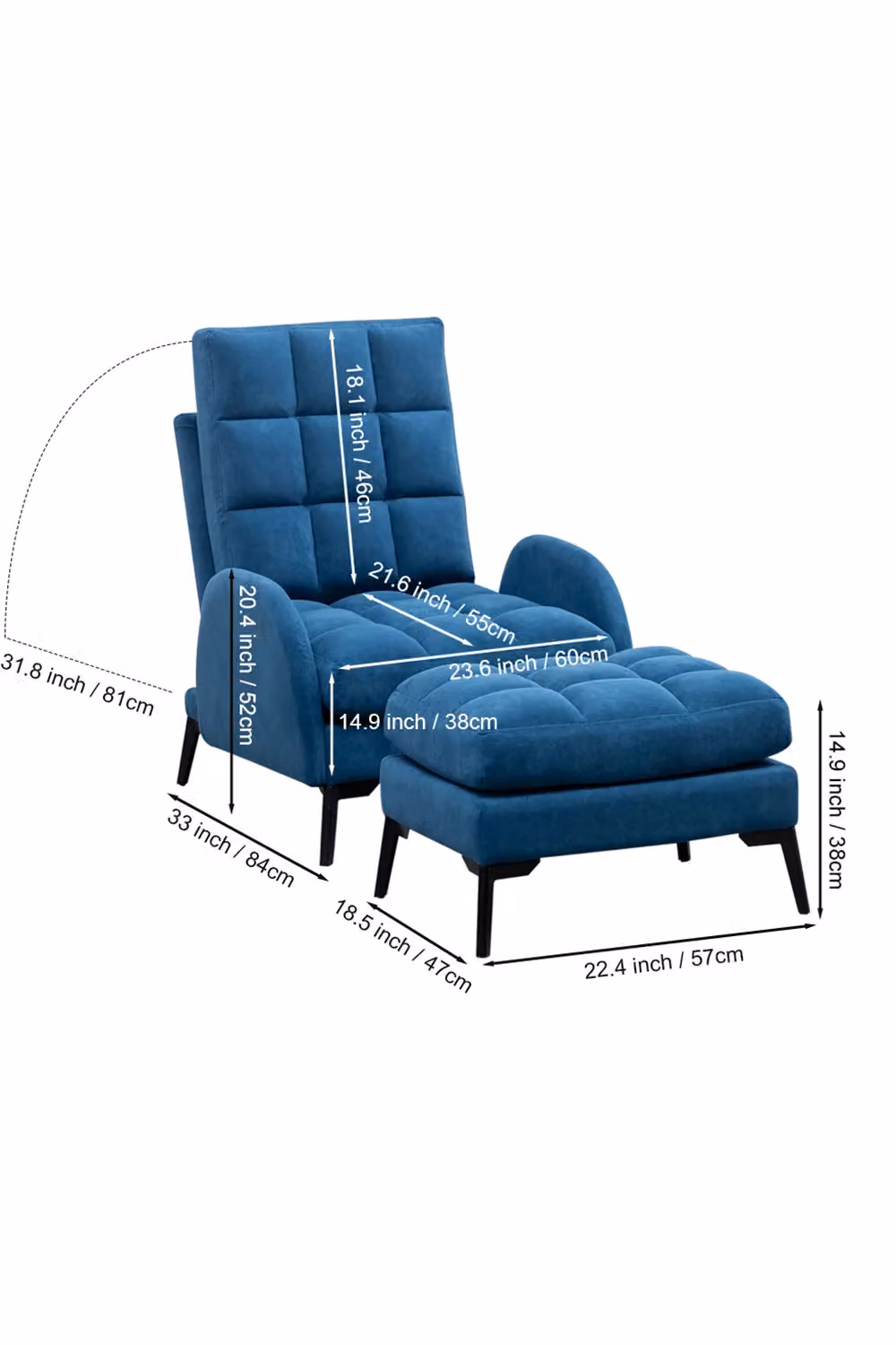 H&O Direct Modern Blue Velvet Recliner Lounge Set with Ottoman and Metal Base – 2