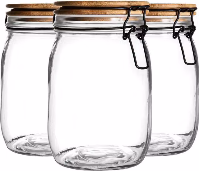 Argon Tableware Set of 3 Glass Storage Jars with Wooden Clip Lids in White, Black and Transparent