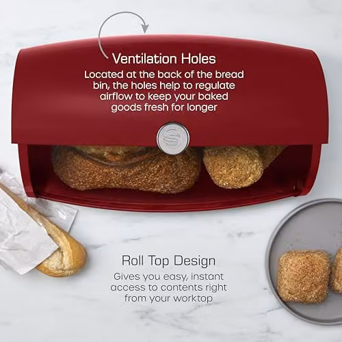 Swan Townhouse Ventilated Roll Front Bread Bin, Red, 14 Litre – 3