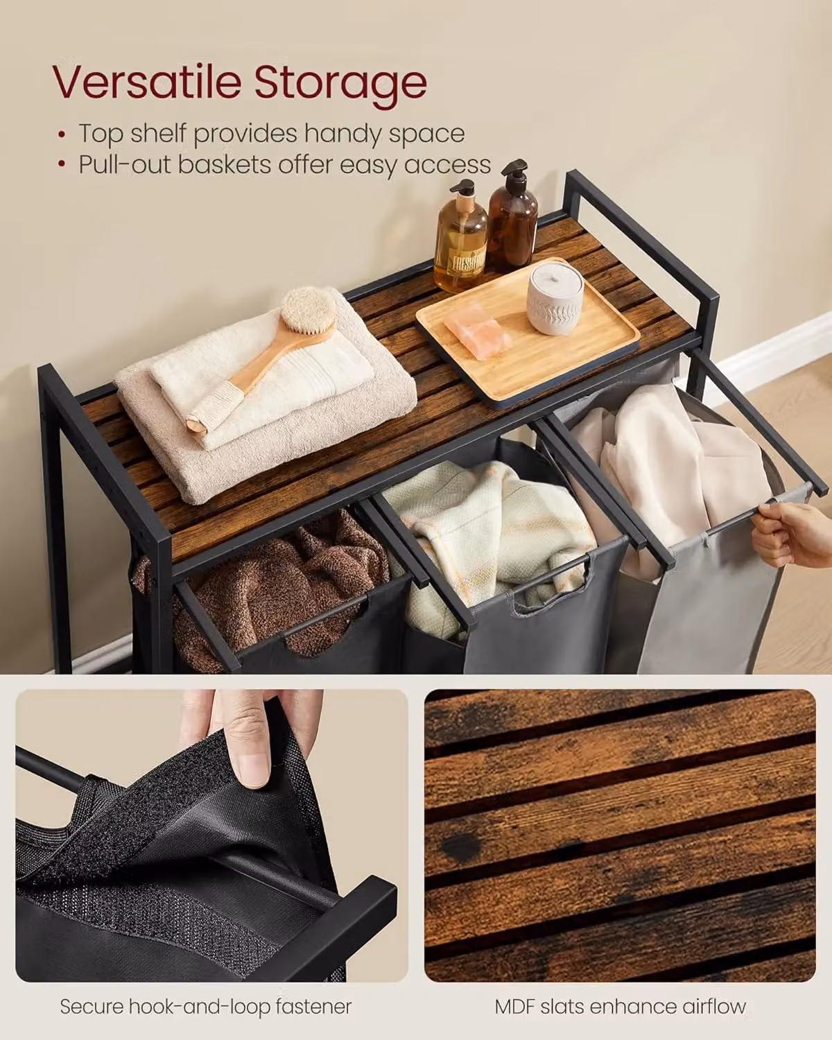VASAGLE 3 Compartment Laundry Basket with Shelf and Metal Frame, Multicolour – 3