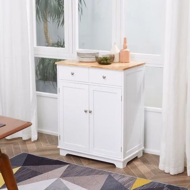 HOMCOM Modern White Kitchen Storage Cabinet with Rubberwood Top