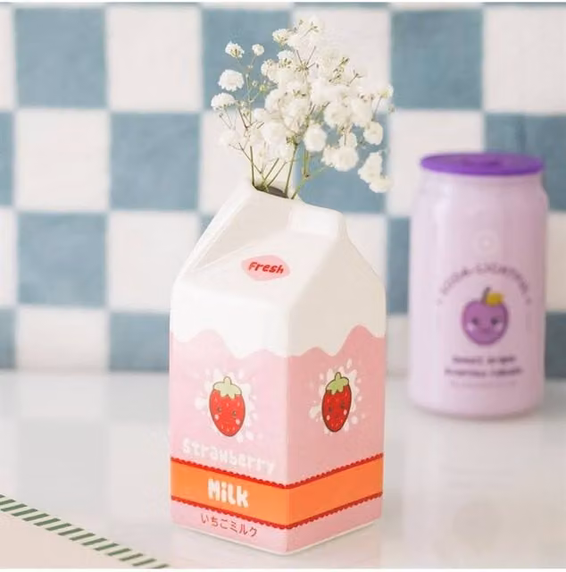 KDMD Strawberry Milk Carton Ceramic Flower Vase in Pink