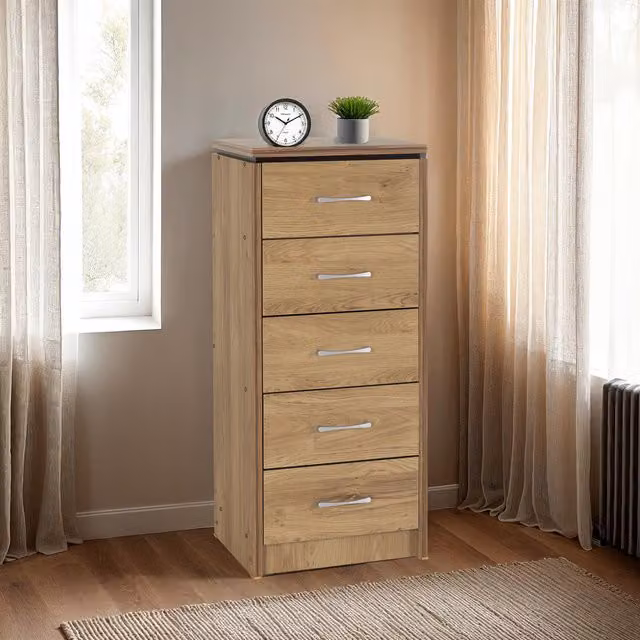 Seconique Charles 5 Drawer Narrow Chest in Oak and Walnut Effect with Silver Details – 3