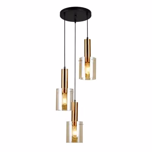 Italux Sardo Modern 3-Light Hanging Pendant Lamp in Brass with Amber Glass Shades, E27