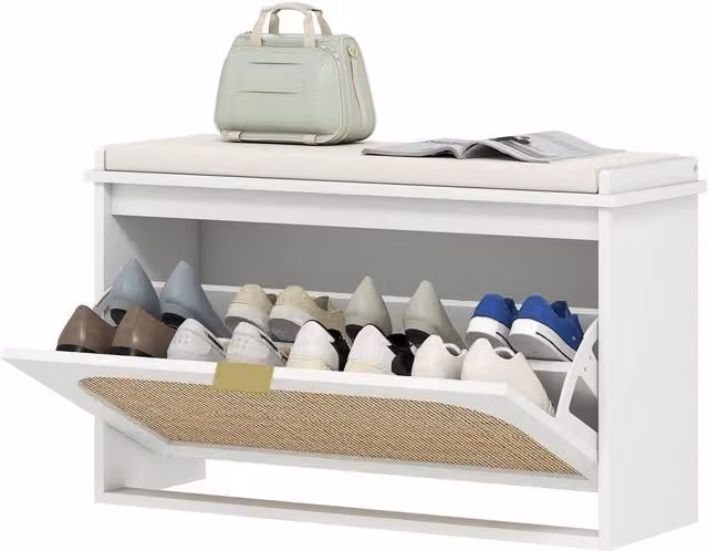 KORVIXA White Boho Shoe Bench with Seat Cushion, Flip-Drawer and Rattan Door, W/D/H: 100 x 100 x 100 cm – 1