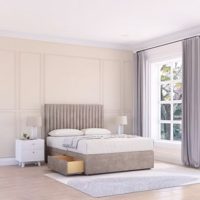 Sloomy Manhattan Super King Divan Bed Base with 4 Drawers and 26 inch Struts Headboard in Sand Fabric, W/D/H: 200 x 200 cm
