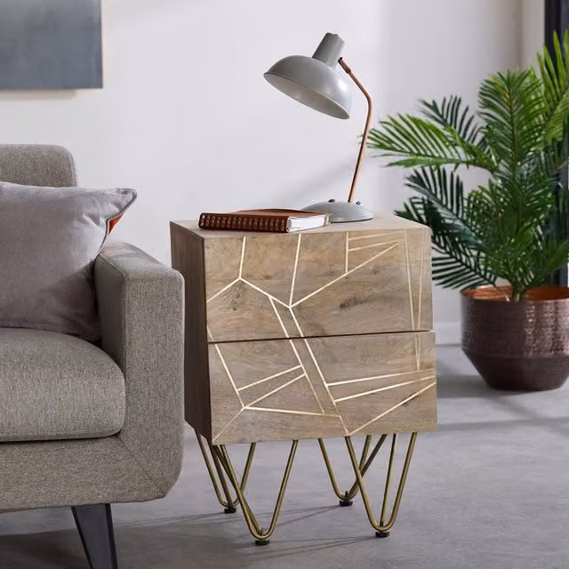 IH Design Dallas Side Table in Light Mango Wood and Gold Metal