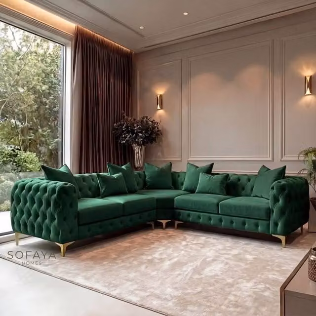 Sofaya Monaco 5 Seater Chesterfield Corner Sofa in Green Velvet, Left Facing L-Shape with Chaise, W: 220 cm, D: 70 cm – 1