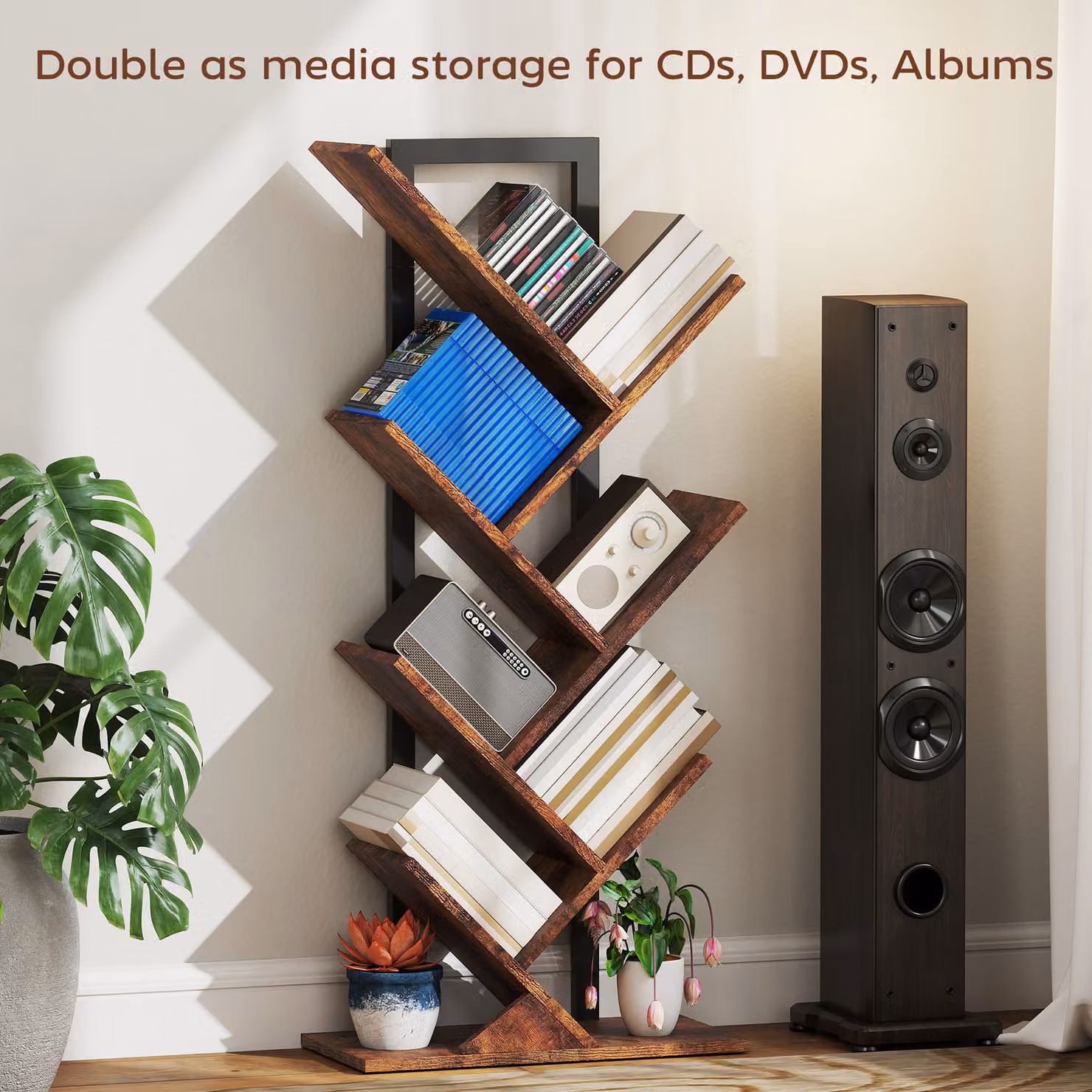 HOMCOM Six-Section Tree Bookcase in Brown Wood-Effect with Media Compartments – 4