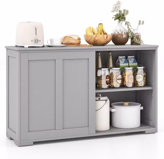 Gymax Modern Freestanding Kitchen and Home Office Storage Cabinet with Sliding Doors in Matt Grey – 1
