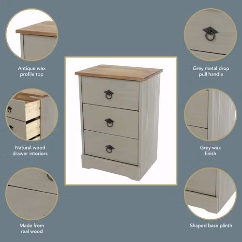 Core Products Corona Classic Pine 3 Drawer Bedside Cabinet in Grey Wash with Antique Wax Finish – 3
