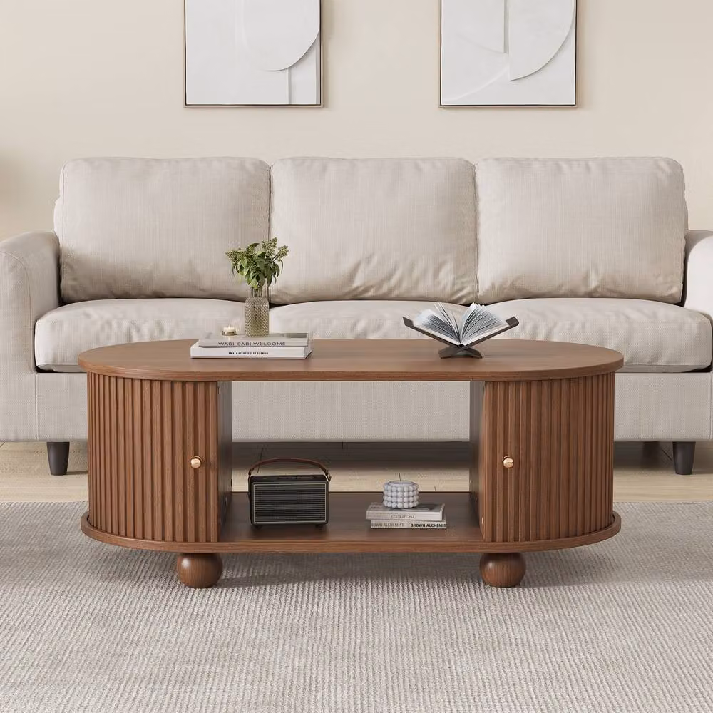 BTM Oval Coffee Table with Sliding Doors in Brown Oak, W/D/H: 100 x 50 x 40 cm – 2