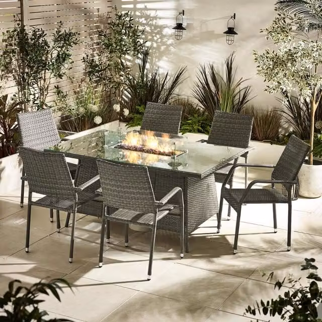FurnitureboxUK Marbella 6 Seat Grey Polyrattan Garden Dining Set with Rectangular Glass Firepit Table