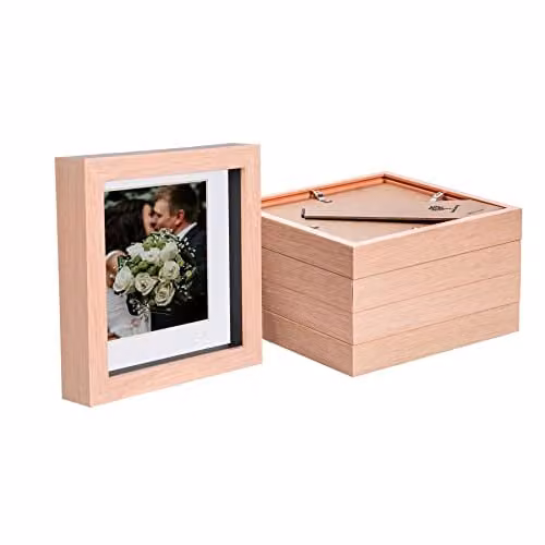 Nicola Spring Pack of 5 Light Brown Square 3D Wooden Shadow Box Photo Frames with White Mount, Hanging or Standing