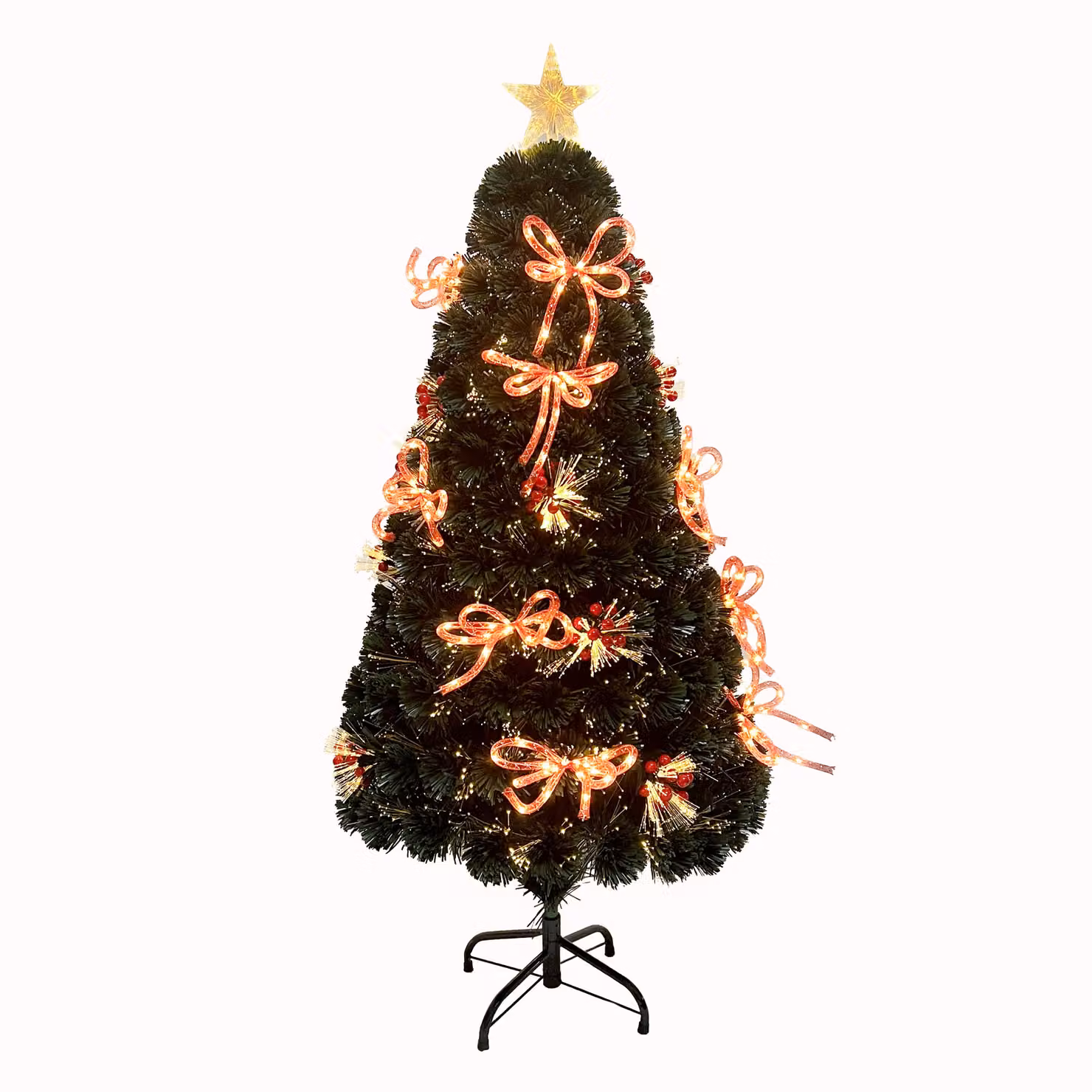 Shatchi Green Pre-Lit Artificial Christmas Tree with Fibre Optic Star Topper and Ribbon Bows, Height: 152.4 cm – 2