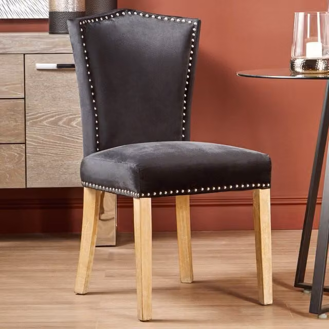 Orsina Classic Velvet Dining Chair in Black and Grey with Wood Accents – 2