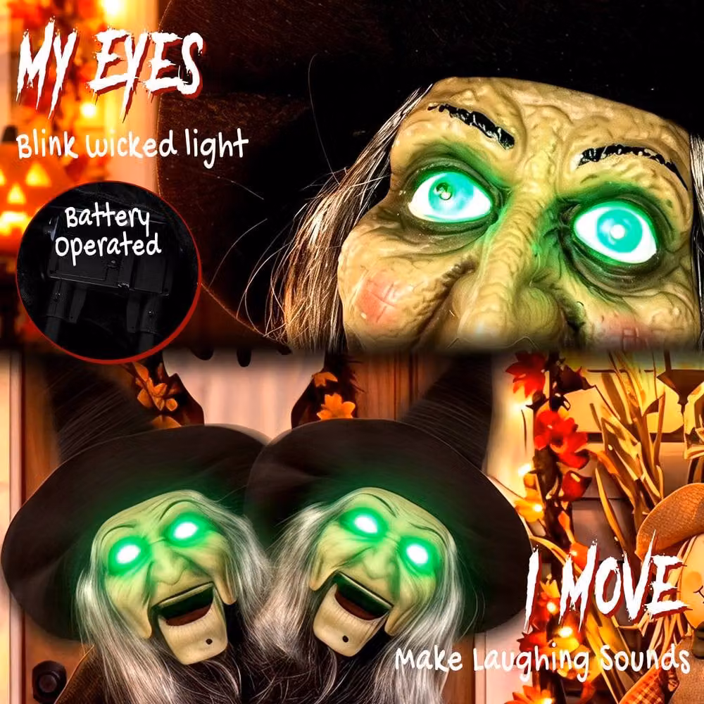 HOMCOM 94 cm Animated Witch Halloween Decoration with Light Up Eyes in Black, Silver and Green – 3