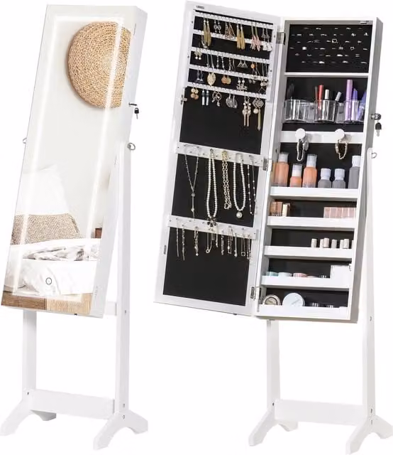 Furnold Free Standing Jewellery Cabinet with LED Lights and Mirror, White, H 151.5 x W 46.0 x D 36.5 cm