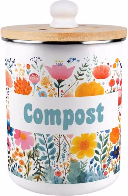Purely Home Bright Floral Metal Compost Caddy with Flip Lid, 2L, Orange and Multicolour