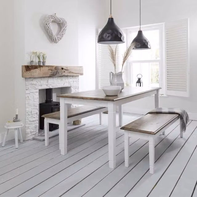 Noa and Nani Canterbury 180cm Rectangular Dining Table and 2 Benches Set in Silk Grey, Dark Pine and White