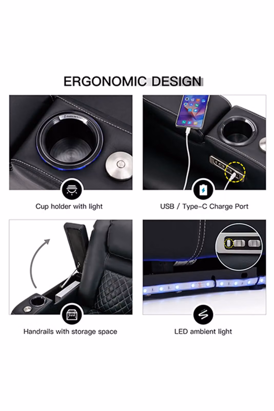 More4Homes Broadway Cinema Electric Recliner Chair with USB Charging and LED Base in Black – 5