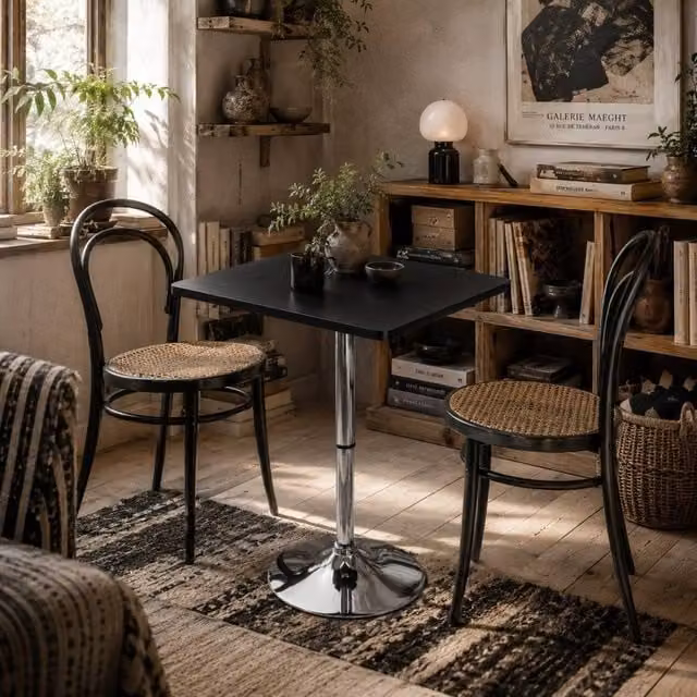 Wyld Haus Eltani Adjustable Swivel Bar Table with Black MDF Top and Silver Steel Base, W/D/H: 60 x 60 x 91 cm – 1