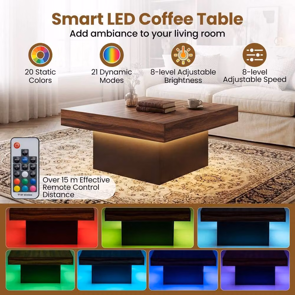SPETLEK Square Modern Coffee Table with LED Lights in Brown – 3