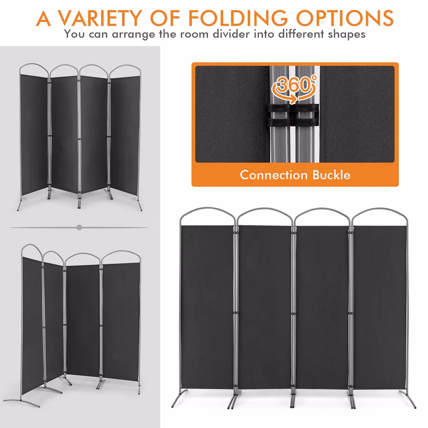 Costway 4 Panel Folding Privacy Screen Room Divider in Grey, Height: 188 cm – 4