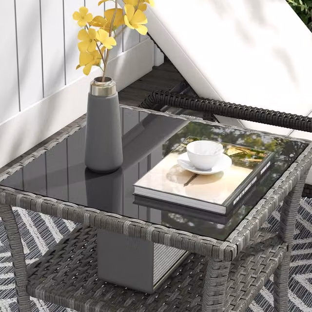 Outsunny Two-tier Square Coffee Table in Grey PE Rattan with Glass and Metal Frame