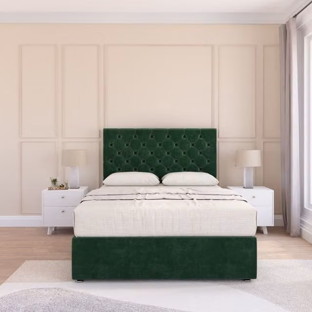 Sloomy Mayfair King Size Plush Velvet Upholstered Bed Set with Headboard and Hybrid Memory Foam Mattress in Emerald Green