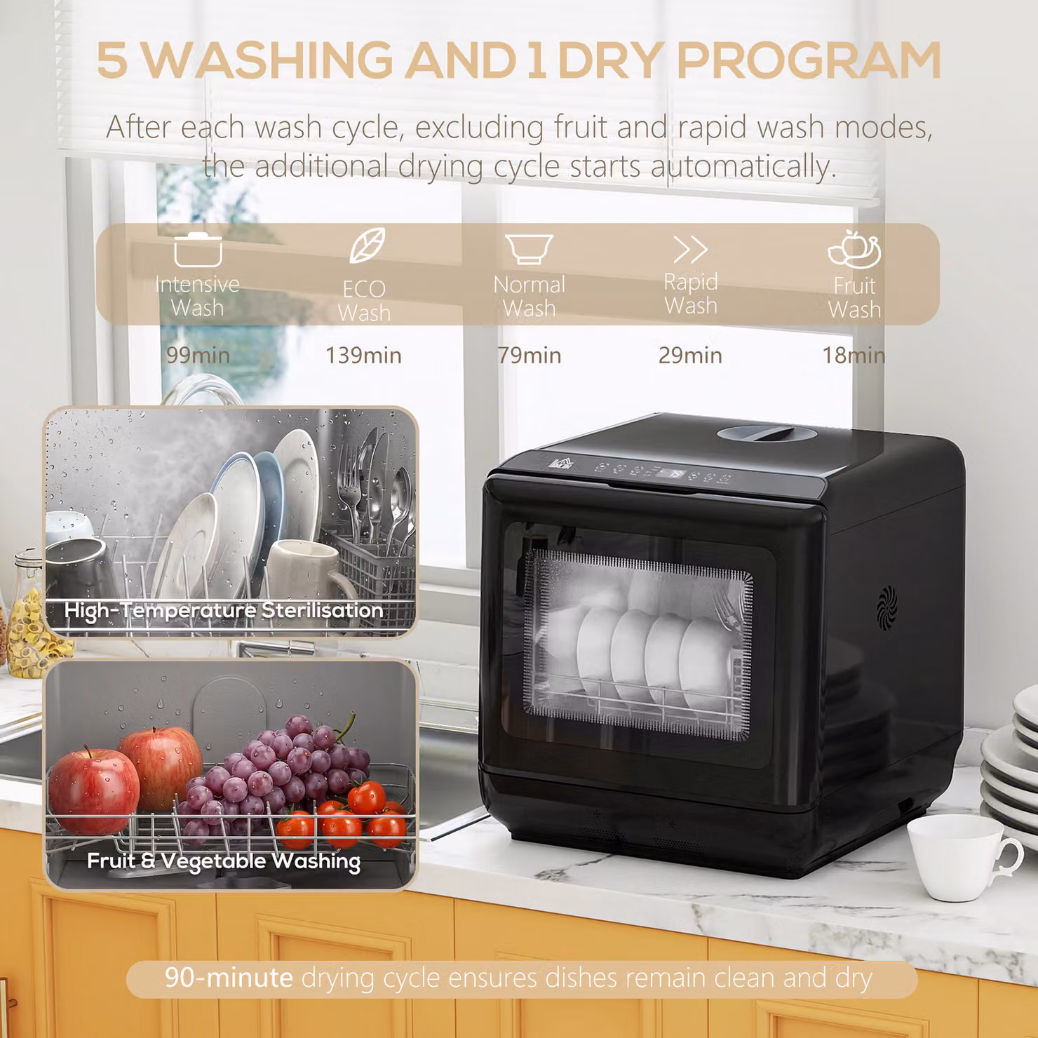 HOMCOM Mini Countertop Dishwasher in White with 6L Water Tank, 6 Programs, Touch Control, LED Display and 4 Place Settings – 5