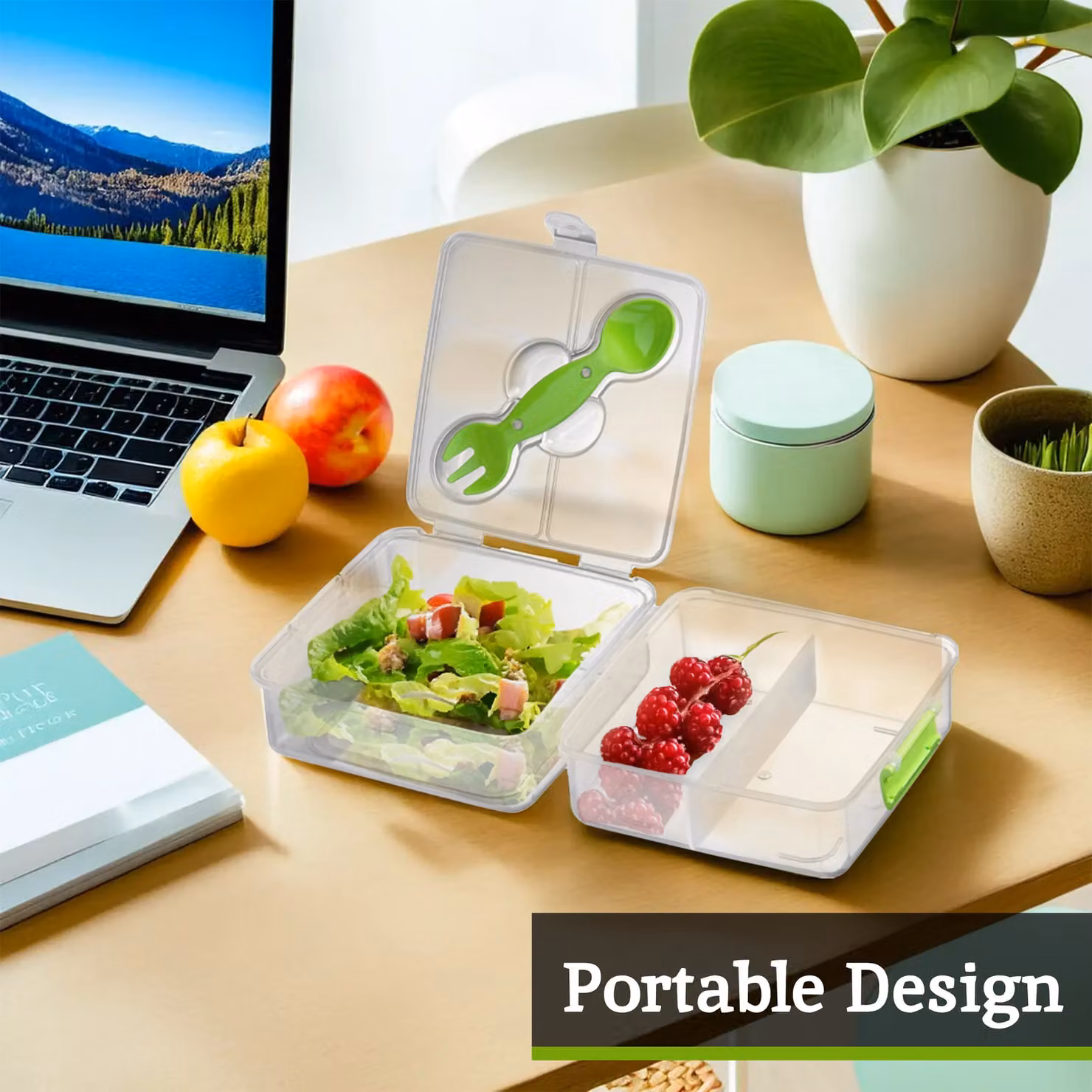 Orsina Leakproof Organised Lunch Box with Dividers and Cutlery, Transparent and Green – 3