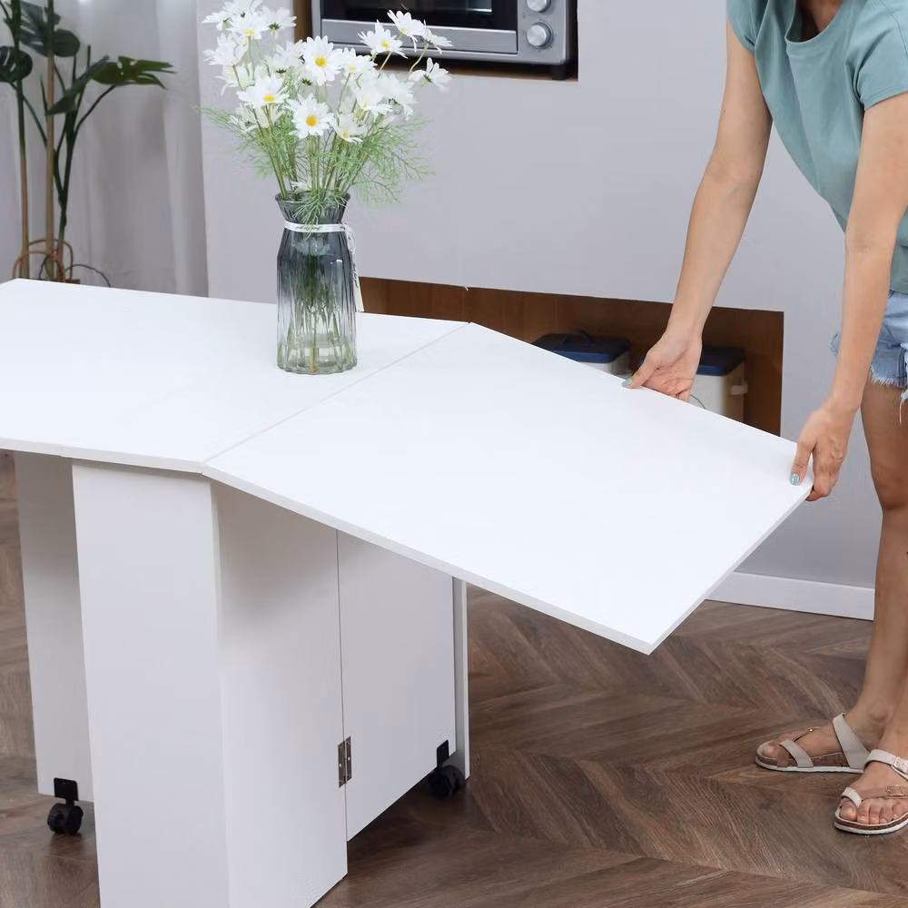 STILVORA Modern White Drop Leaf Dining Table with Castors and Storage – 5