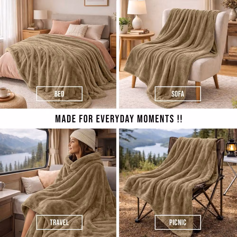 Grace Luxury Soft Reversible Double Face Flannel Fleece Blanket in Camel, W: 150 cm, L: 200 cm – 4