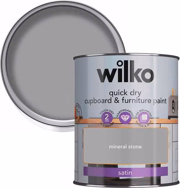 wilko Quick Dry Satin Furniture and Cupboard Paint, Mineral Stone, 750ml