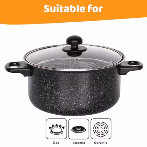 Almineez 5pc Black Non Stick Chip Pan Set with Frying Basket, Pot and Glass Lid, 2l, 24cm – 4
