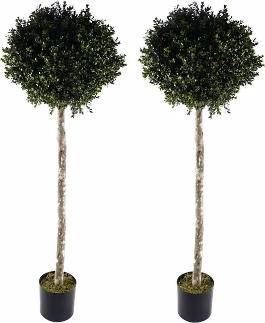 Pair of Genuine Leaf Design Green UV Resistant Artificial Buxus Ball Topiary Trees