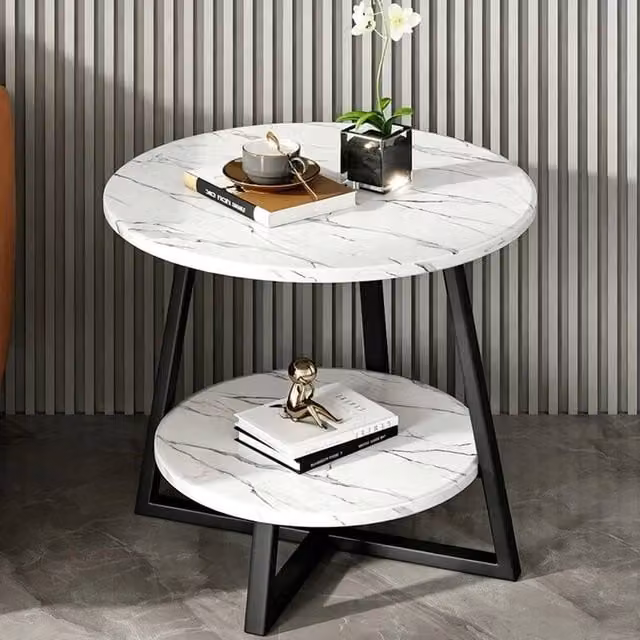 VOGREX Round 2-Tier Marble Sofa Side Table in White