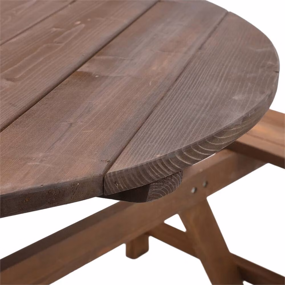 NESTLUNE 6 Seater Wooden Round Picnic Table and Bench Set in Brown – 4