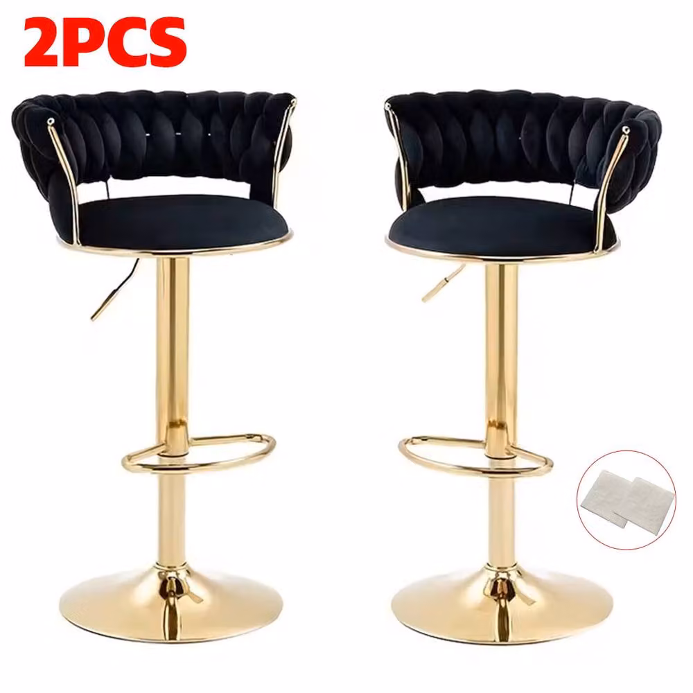 FORGEVIO Set of 2 Black Velvet Adjustable Swivel Breakfast Bar Stools with Gold Metal Accents and Armrests – 2