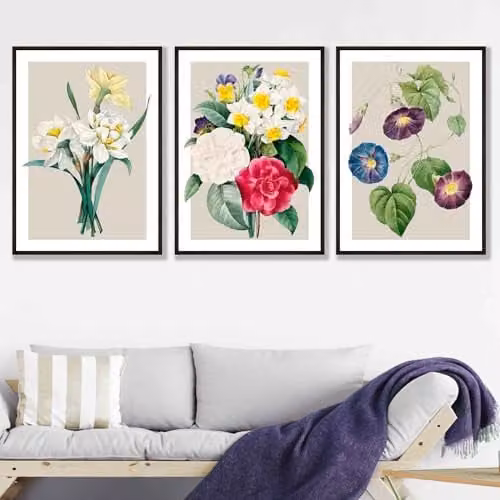 ARTZE Set of 3 Vintage Spring Daffodil Floral Wall Art Paper Posters in Beige, W: 42 cm x H: 59.4 cm – 1