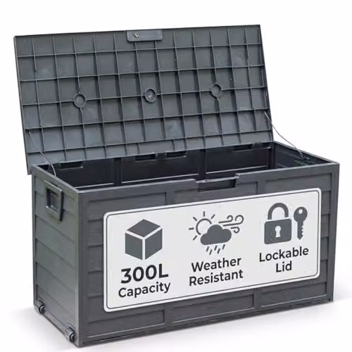 Gr8 Garden Black Plastic Garden Storage Box with Castors and Lock, 300 Litre Capacity